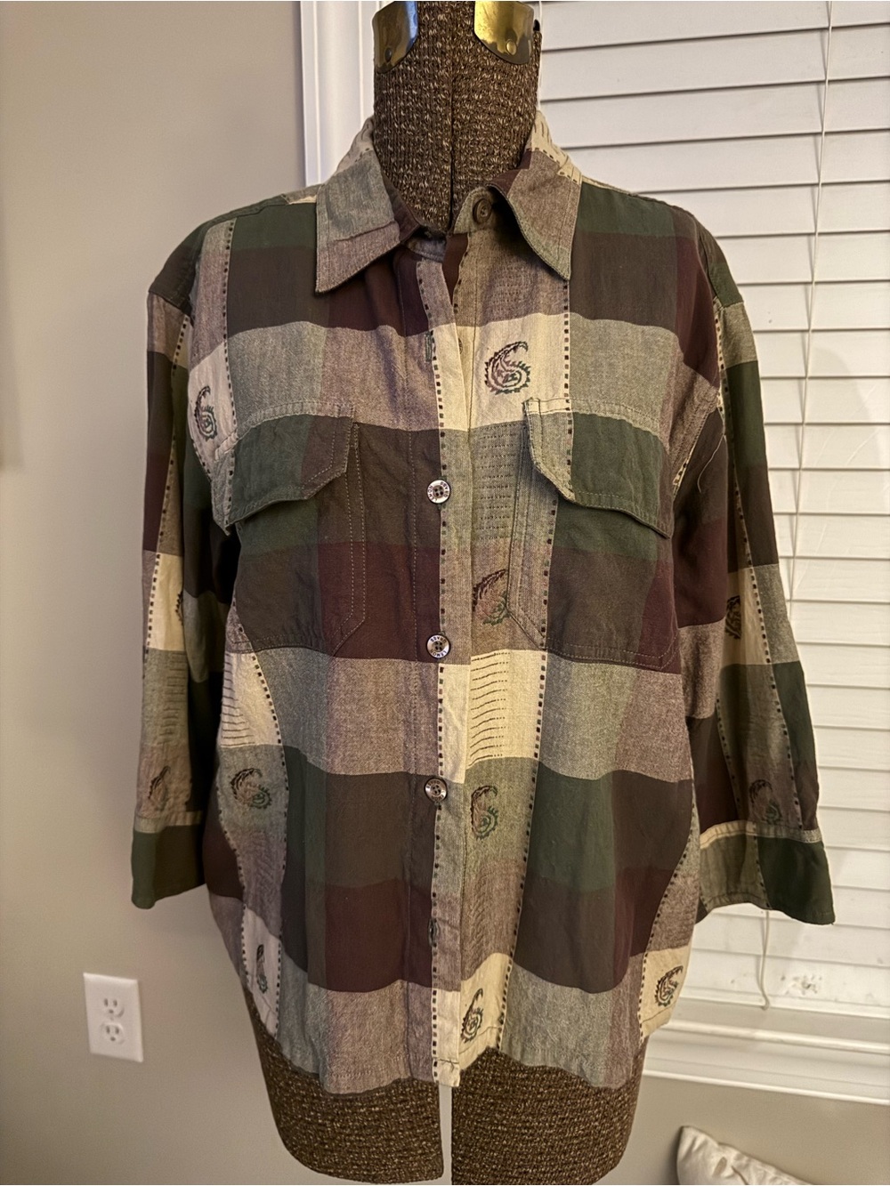 Relaxed Patchwork Button-Down Shirt - Green & Brown